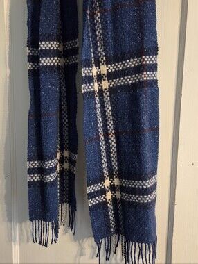 Burberry Merino Angora Blue Plaid Fringe Scarf